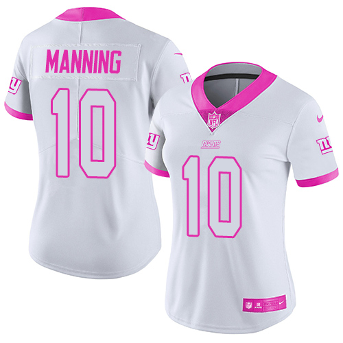 Women's Limited Eli Manning Nike Jersey White/Pink - #10 Rush Fashion NFL New York Giants